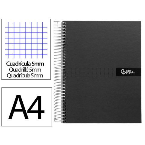 Cuaderno espiral liderpapel a4 micro crafty tapa forrada 120h 90gr cuadro 5mm 5 bandas 4 colores color negro