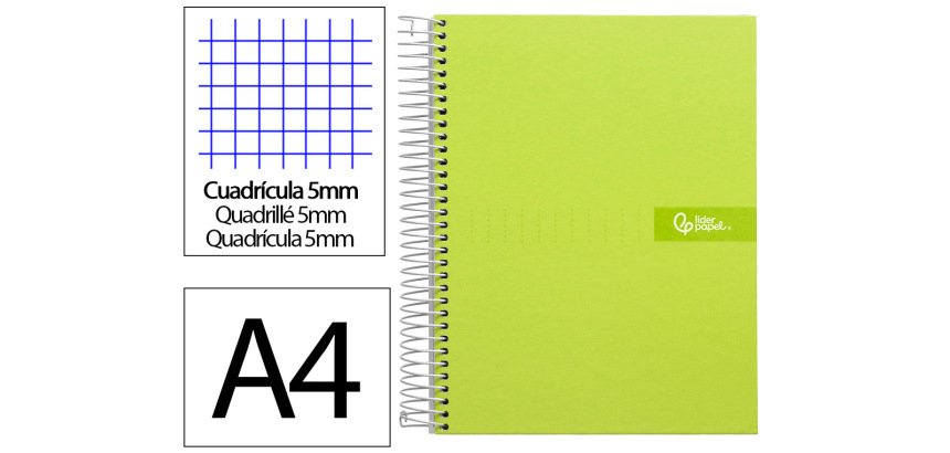 Cuaderno espiral liderpapel a4 micro crafty tapa forrada 120h 90gr cuadro 5mm 5 bandas 4 colores color verde