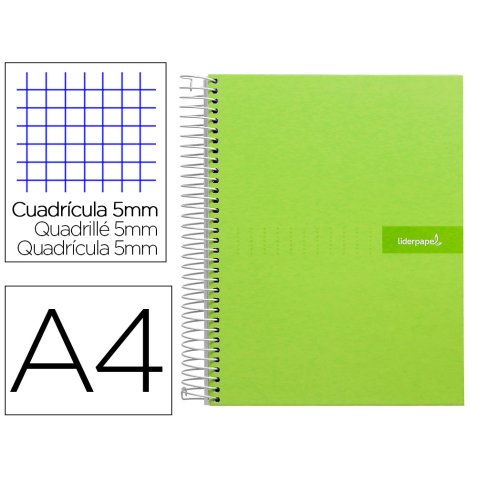 Cuaderno espiral liderpapel a4 micro crafty tapa forrada 120h 90 gr cuadro 5mm 5 bandas 4 colores color verde