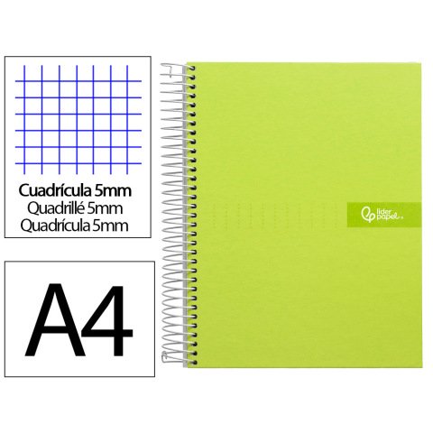 Cuaderno espiral liderpapel a4 micro crafty tapa forrada 120h 90gr cuadro 5mm 5 bandas 4 colores color verde