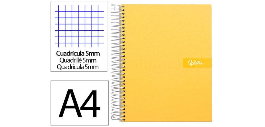 Cuaderno espiral liderpapel a4 micro crafty tapa forrada 120h 90gr cuadro 5mm 5 bandas 4 taladros color amarillo