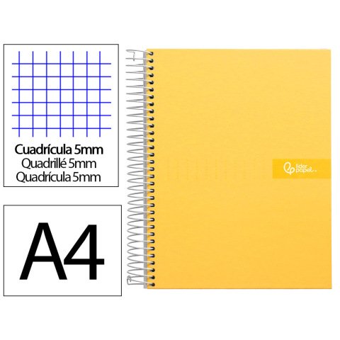 Cuaderno espiral liderpapel a4 micro crafty tapa forrada 120h 90gr cuadro 5mm 5 bandas 4 taladros color amarillo