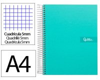 Cuaderno espiral liderpapel a4 micro crafty tapa forrada 120h 90gr cuadro 5mm 5 bandas 4 taladros color turquesa