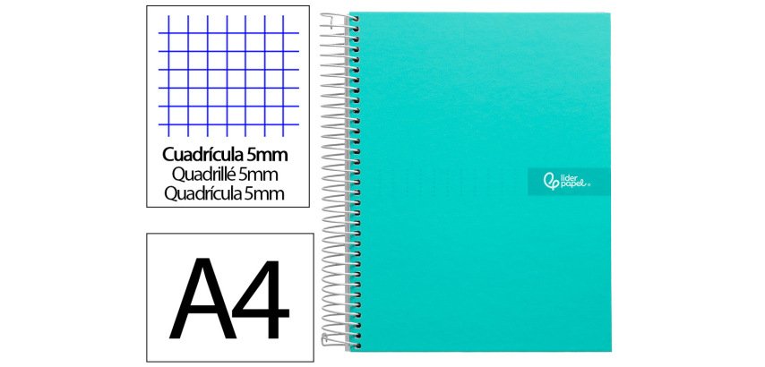 Cuaderno espiral liderpapel a4 micro crafty tapa forrada 120h 90gr cuadro 5mm 5 bandas 4 taladros color turquesa