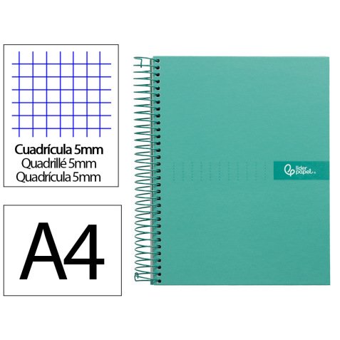 Cuaderno espiral liderpapel a4 micro crafty tapa forrada 120h 90gr cuadro 5mm 5 bandas 4 taladros color turquesa