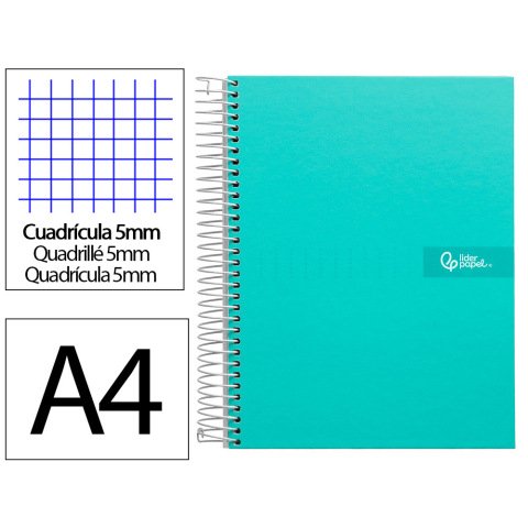 Cuaderno espiral liderpapel a4 micro crafty tapa forrada 120h 90gr cuadro 5mm 5 bandas 4 taladros color turquesa