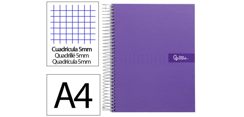 Cuaderno espiral liderpapel a4 micro crafty tapa forrada 120h 90gr cuadro 5mm 5 bandas 4 taladros color violeta