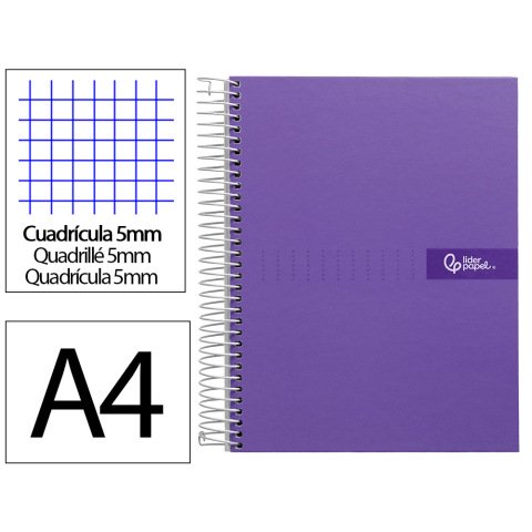 Cuaderno espiral liderpapel a4 micro crafty tapa forrada 120h 90gr cuadro 5mm 5 bandas 4 taladros color violeta