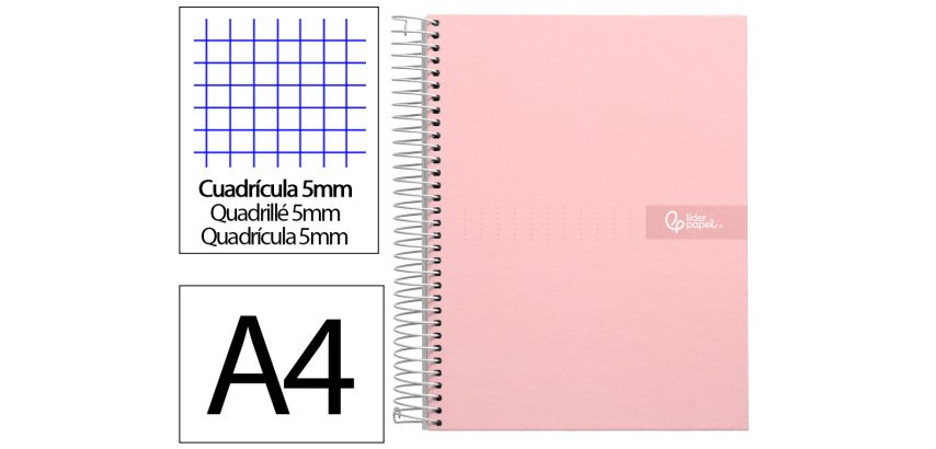Cuaderno espiral liderpapel a4 micro crafty tapa forrada 120h 90gr cuadro 5mm 5 bandas 4 colores color rosa
