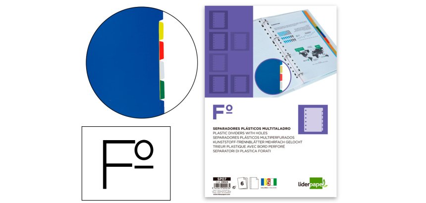 Separador liderpapel plastico juego de 6 separadores folio 16 taladros
