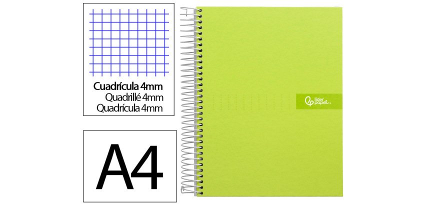 Cuaderno espiral liderpapel a4 crafty tapa forrada 80h 90gr cuadro 4mm con margen color verde