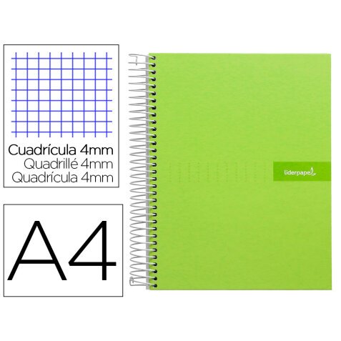 Cuaderno espiral liderpapel a4 crafty tapa forrada 80h 90 gr cuadro 4mm con margen color verde