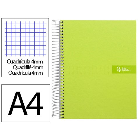 Cuaderno espiral liderpapel a4 crafty tapa forrada 80h 90gr cuadro 4mm con margen color verde