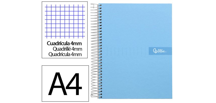 Cuaderno espiral liderpapel a4 crafty tapa forrada 80h 90gr cuadro 4mm con margen color celeste