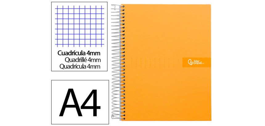 Cuaderno espiral liderpapel a4 crafty tapa forrada 80h 90gr cuadro 4mm con margen color naranja
