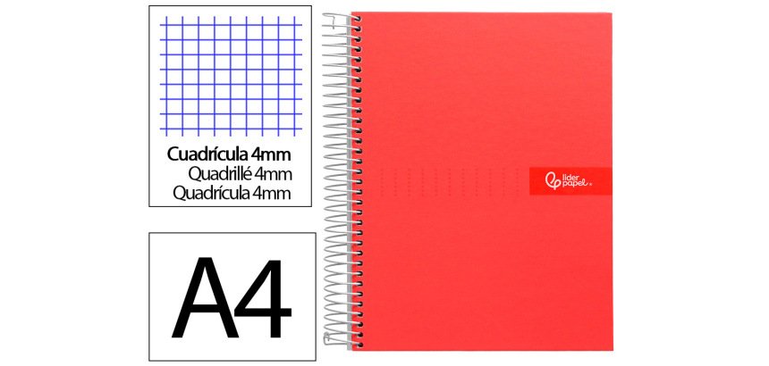 Cuaderno espiral liderpapel a4 crafty tapa forrada 80h 90gr cuadro 4mm con margen color roja
