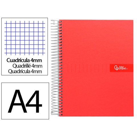 Cuaderno espiral liderpapel a4 crafty tapa forrada 80h 90gr cuadro 4mm con margen color roja