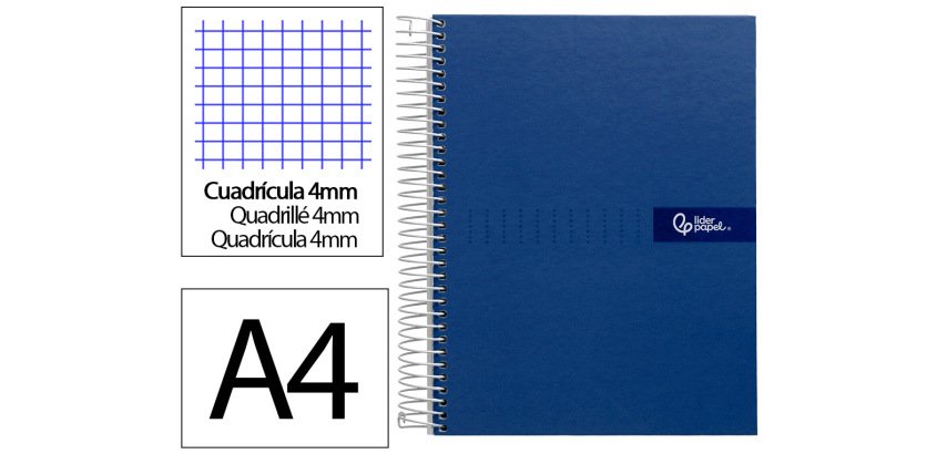 Cuaderno espiral liderpapel a4 crafty tapa forrada 80h 90gr cuadro 4mm con margen color azul marino