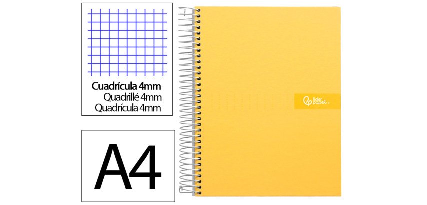 Cuaderno espiral liderpapel a4 crafty tapa forrada 80h 90gr cuadro 4mm con margen color amarillo