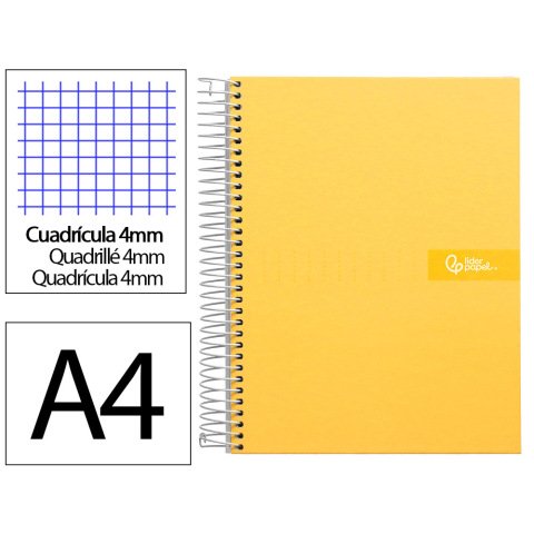 Cuaderno espiral liderpapel a4 crafty tapa forrada 80h 90gr cuadro 4mm con margen color amarillo