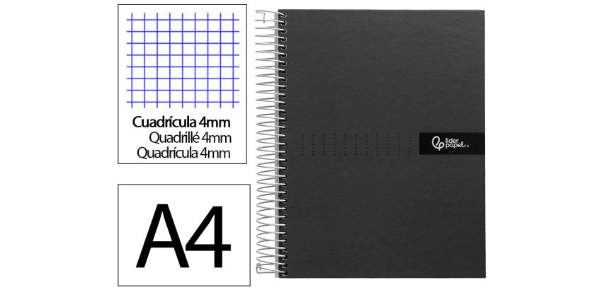 Cuaderno espiral liderpapel a4 crafty tapa forrada 80h 90gr cuadro 4mm con margen color negro