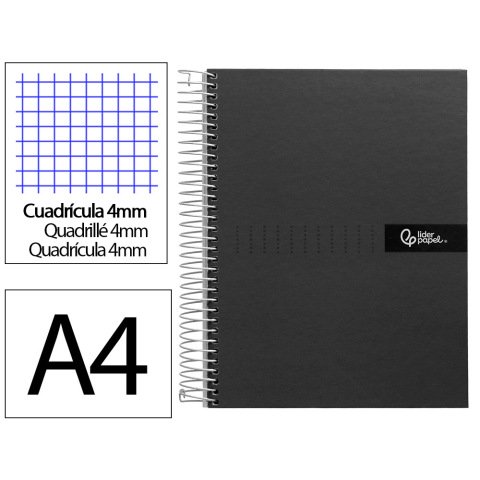 Cuaderno espiral liderpapel a4 crafty tapa forrada 80h 90gr cuadro 4mm con margen color negro
