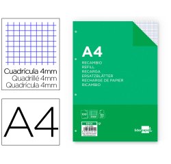 Recambio liderpapel A4 100 hojas 60g cuadro 4 mm con margen 4 taladros
