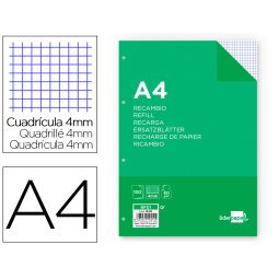 Recambio liderpapel A4 100 hojas 60g cuadro 4 mm con margen 4 taladros