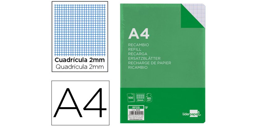 Recambio liderpapel a4 100 hojas 60gr milimetrado sin margen 4 taladros