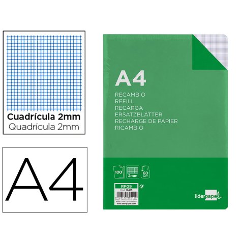 Recambio liderpapel a4 100 hojas 60gr milimetrado sin margen 4 taladros