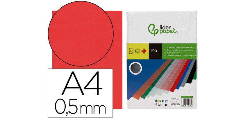 Cubiertas para encuadernar Liderpapel polipropileno A4  0,5 mm rojo translúcido - Paquete de 100 unidades