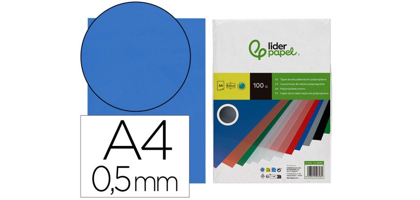 Cubiertas para encuadernar Liderpapel polipropileno A4 0,5 mm azul translúcido - Paquete de 100 unidades