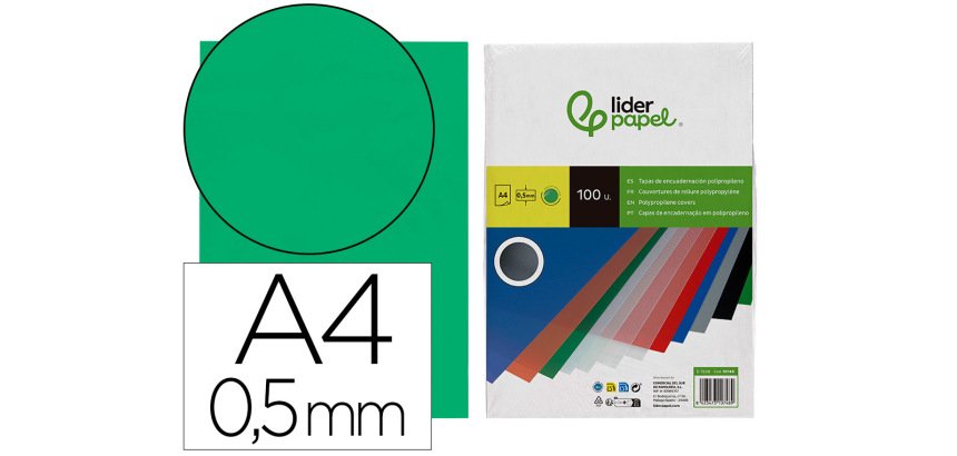 Cubiertas para encuadernar Liderpapel polipropileno A4 0,5 mm verde translúcido - Paquete de 100 unidades
