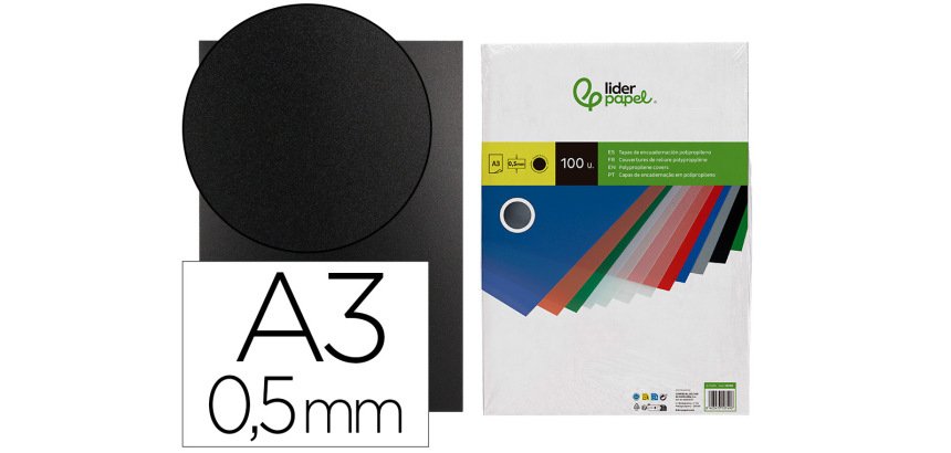Cubiertas para encuadernar Liderpapel polipropileno A3 0,5 mm negro opaco - Paquete de 100 unidades