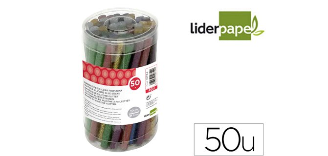 Barra termofusible purpurina liderpapel 7 mm diametro x 100 mm de alto bote 50 unidades colores surtidos
