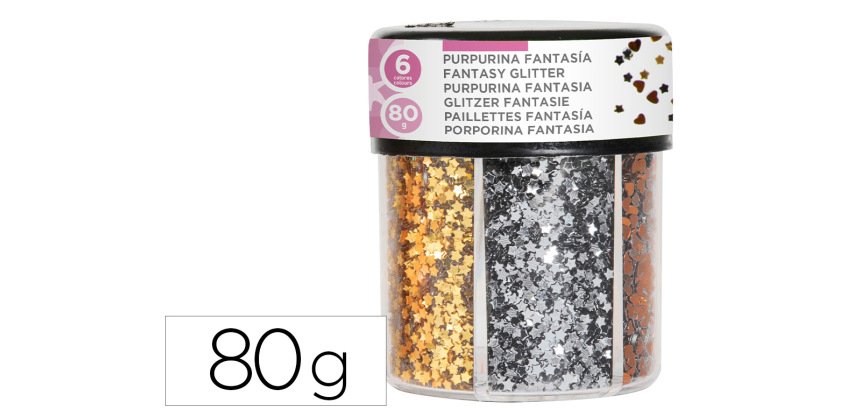 Purpurina fantasia liderpapel corazon y estrella color oro y plata bote de 80gr