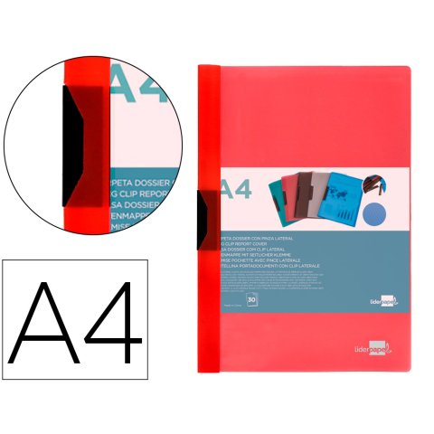 Carpeta liderpapel dossier A4 30 hojas pinza lateral de plástico deslizante polipropileno rojo translucido