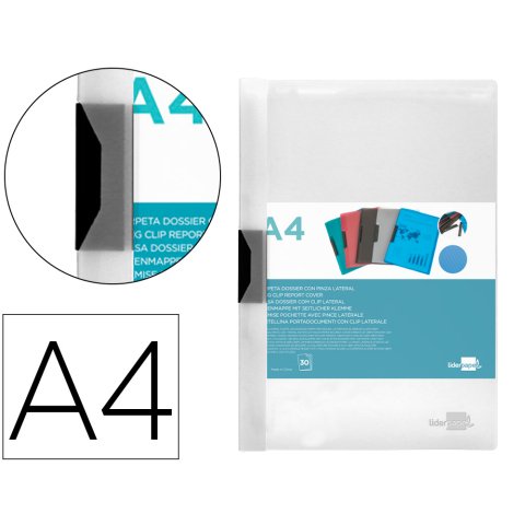 Carpeta liderpapel dossier A4 30 hojas pinza lateral de plástico deslizante polipropileno transparente