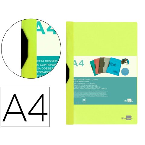 Carpeta liderpapel dossier A4 30 hojas pinza lateral de plástico deslizante polipropileno amarillo fluor opaco