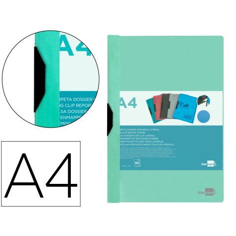 Carpeta liderpapel dossier A4 30 hojas pinza lateral de plástico deslizante polipropilenoverde manzana opaco