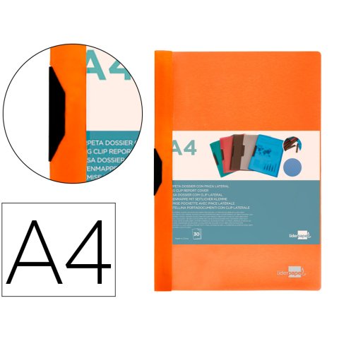 Carpeta liderpapel dossier A4 30 hojas pinza lateral de plástico deslizante polipropileno naranja fluor opaco