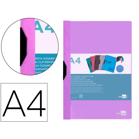 Carpeta liderpapel dossier A4 30 hojas pinza lateral de plástico deslizante polipropileno lavanda opaco