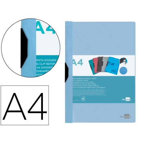 Carpeta liderpapel dossier A4 30 hojas pinza lateral de plástico deslizante polipropileno celeste opaco