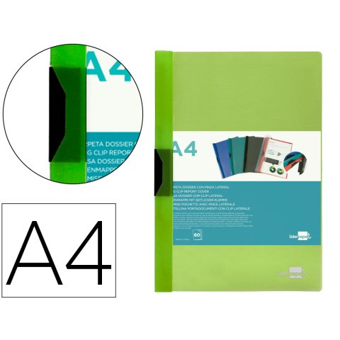 Carpeta liderpapel dossier A4 60 hojas pinza lateral de plástico deslizante polipropileno verde translúcido