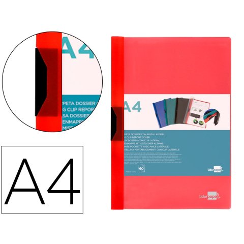 Carpeta liderpapel dossier A4 60 hojas pinza lateral de plástico deslizante polipropileno rojo translúcido