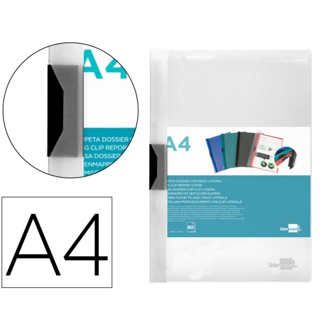 Carpeta liderpapel dossier A4 60 hojas pinza lateral de plástico deslizante polipropileno transparente