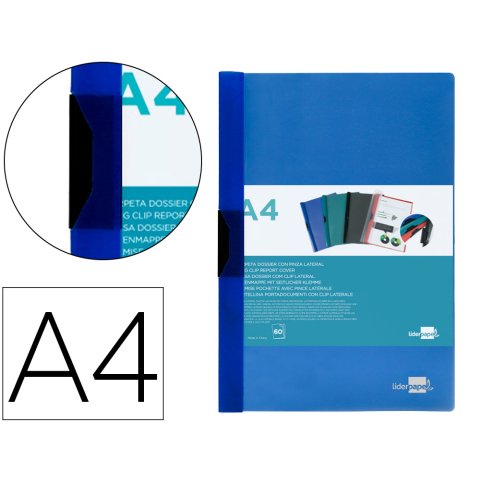 Carpeta liderpapel dossier A4 60 hojas pinza lateral de plástico deslizante polipropileno azul translúcido