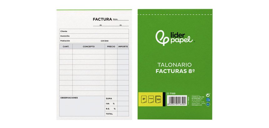 Talonario liderpapel facturas 8º original t100 con i.v.a.