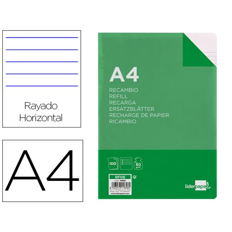 Recambio liderpapel A4 100 hojas 60g horizontal con margen 4 taladros