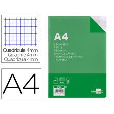 Recambio liderpapel A4 100 hojas 60g cuadro 4mm con margen sin taladros